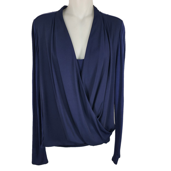 White House Black Market Tops - White House Black Market Double Layer Surplice Top Navy Long Sleeves Small Wrap